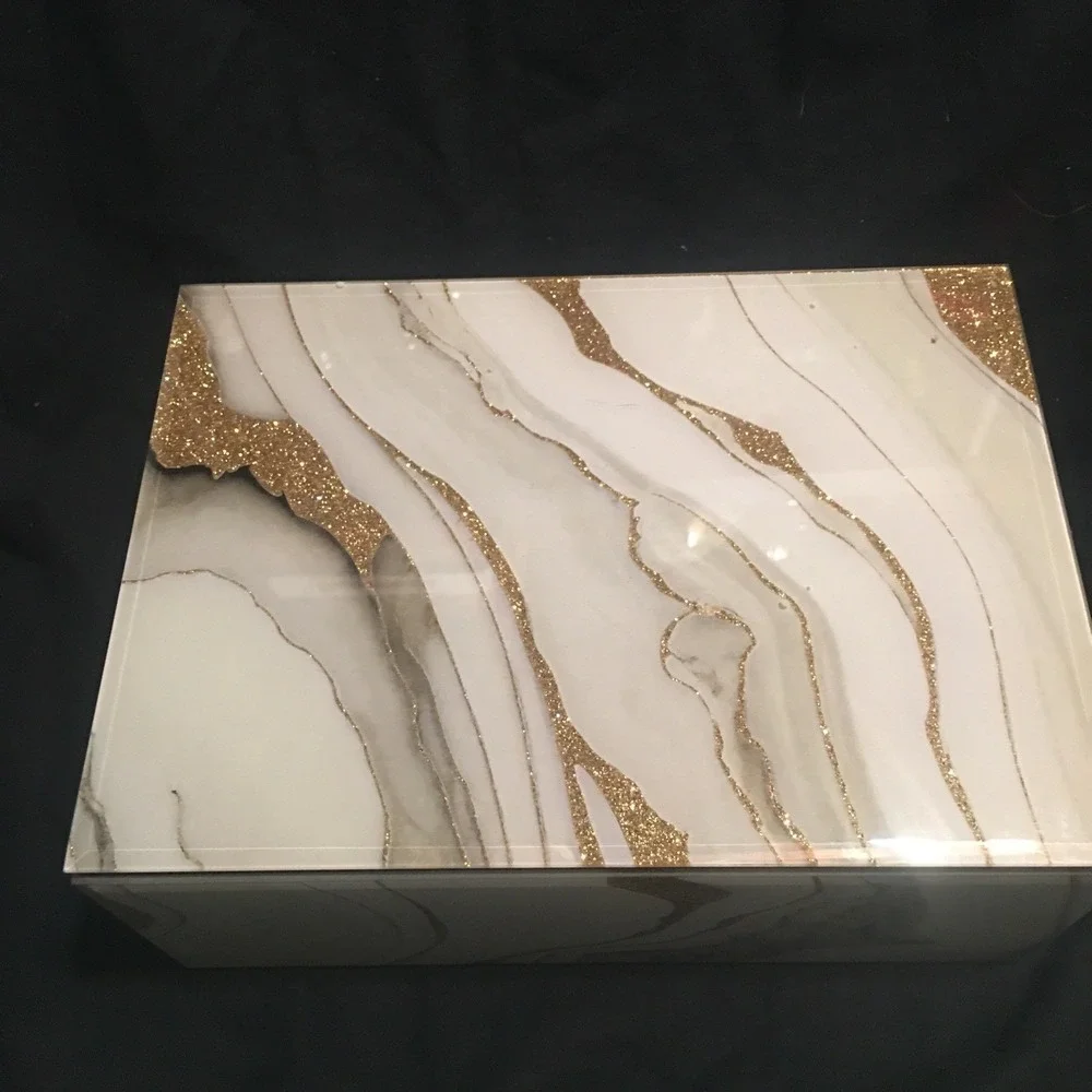 Glass Gold Glittery White Faux Marble Jewelry Box